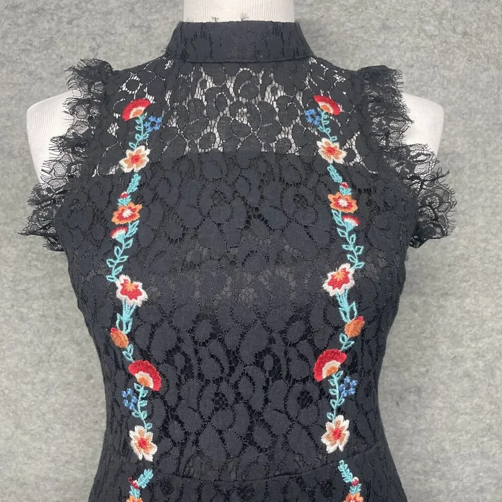 Altar'd State Jaenie Dress SM Sleeveless Mock-Neck Black Floral Lace Embroidered - Picture 2 of 13